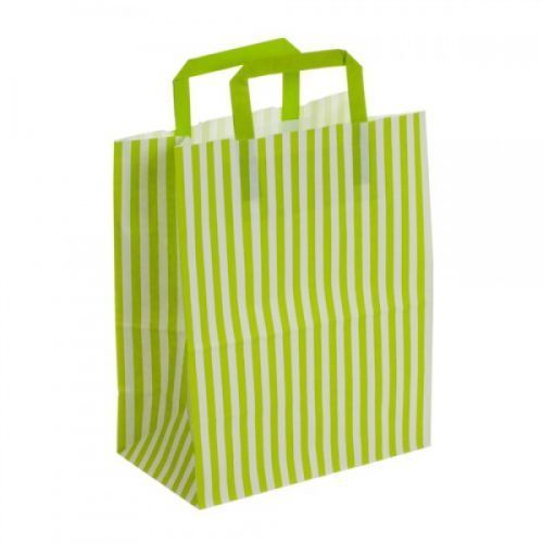 50 x Large Lime Green Striped Tape Handle Paper Carrier Bags