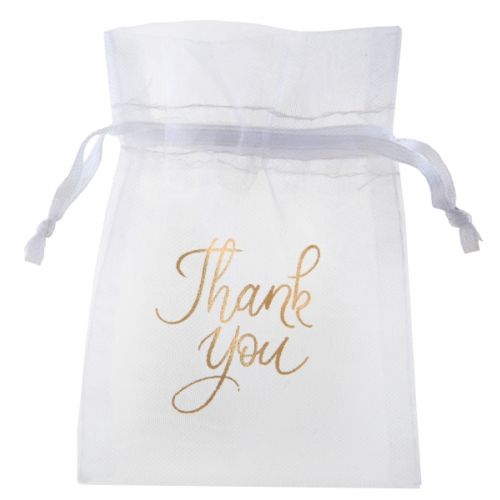 6 White organza Bags With Gold Thank You Print
