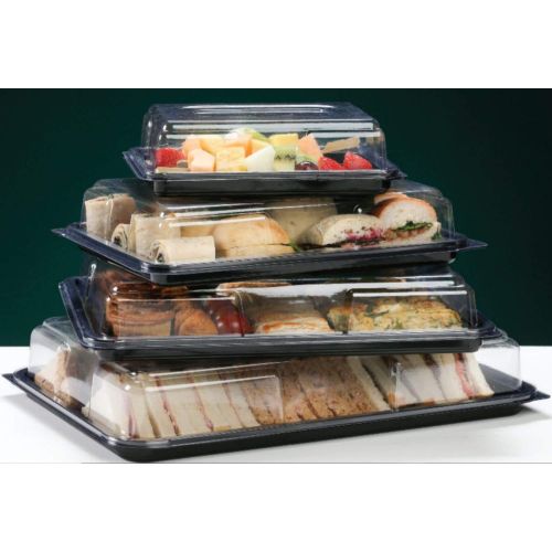 10 x Reusable Black Plastic Buffet Platters and Clear Lids