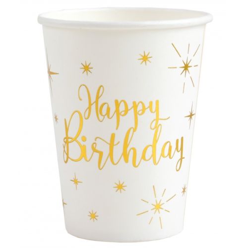 10 Happy Birthday White & Gold Paper Cups